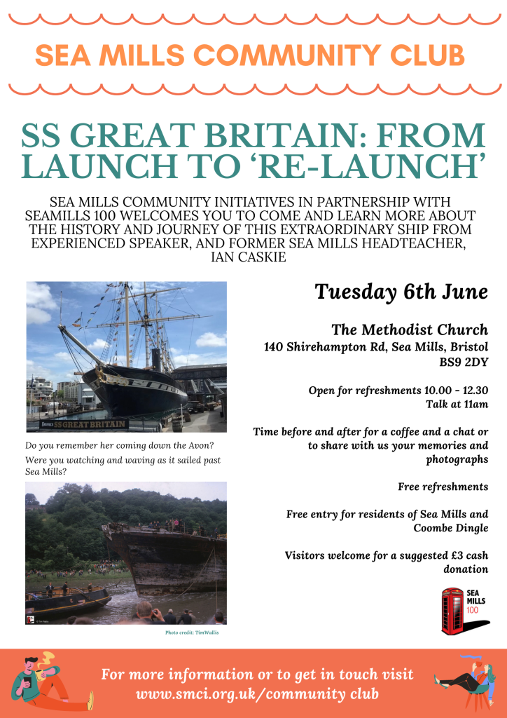 crowds watch from the river bank of the Avon as the rusty hulk of the SS Great Britain goes by